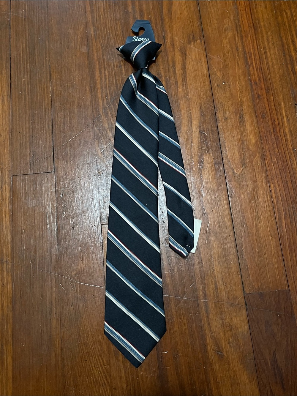 Vintage NWT Starcy LTD. Boy’s Hills Dept. Store Navy Striped Silk Tie Clip On
